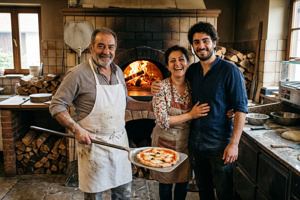 Familie Esposito am Holzofen