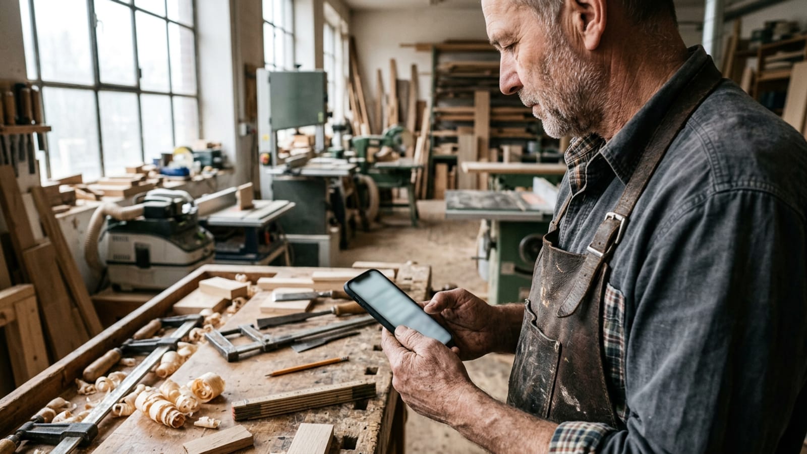 Tischler mit Lederschürze sucht am Smartphone an seiner Werkbank nach seinem Betrieb