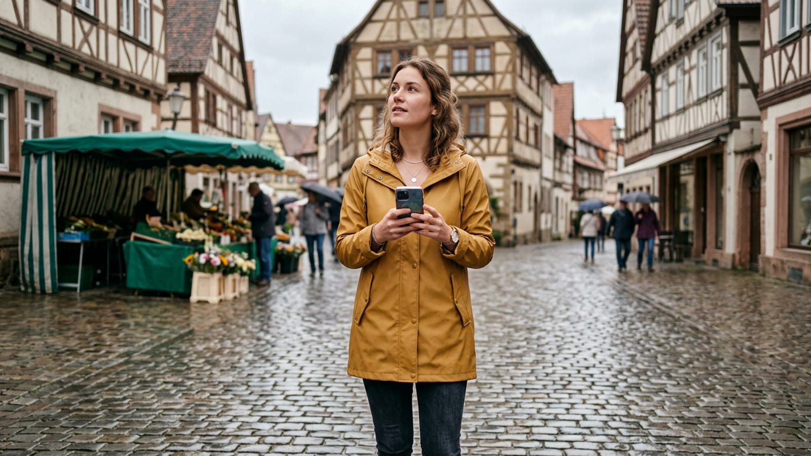 Frau im gelben Regenmantel orientiert sich mit dem Handy auf einem gepflasterten Marktplatz