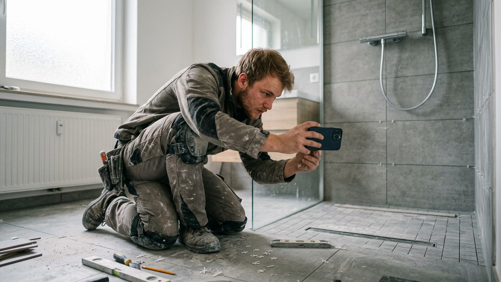 Fliesenleger fotografiert mit dem Handy eine fertig geflieste bodengleiche Dusche