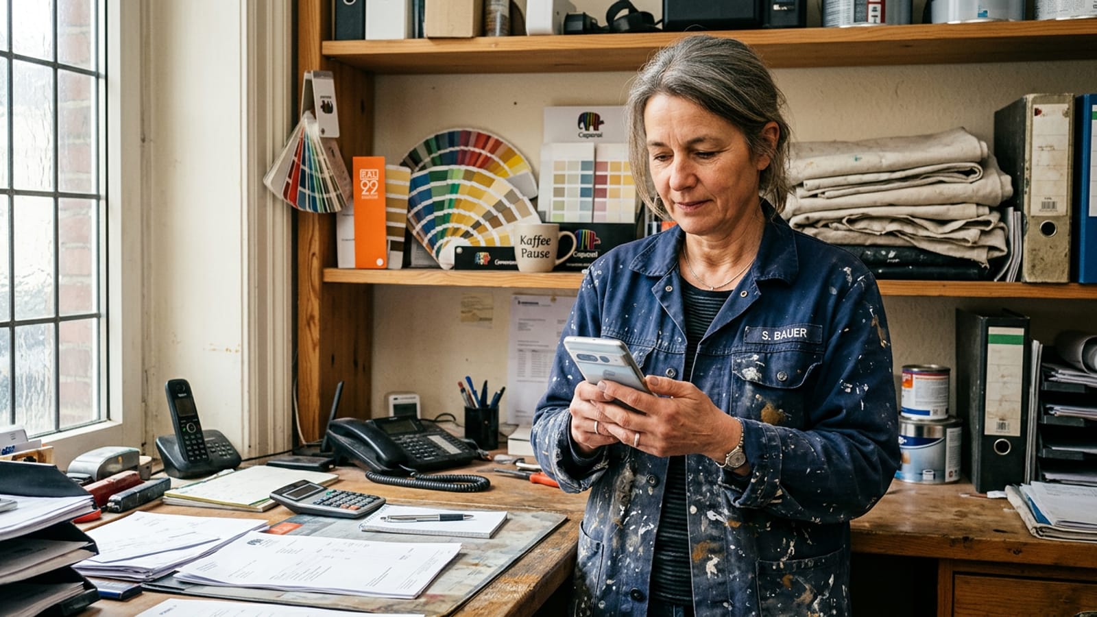 Malerin am Schreibtisch ihres Betriebsbüros prüft ihr Google-Unternehmensprofil am Smartphone