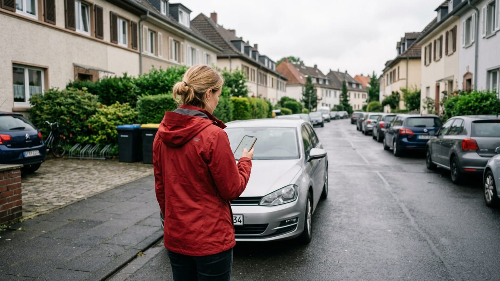 Frau in roter Regenjacke sucht am Handy neben ihrem Auto in einer Wohnstraße