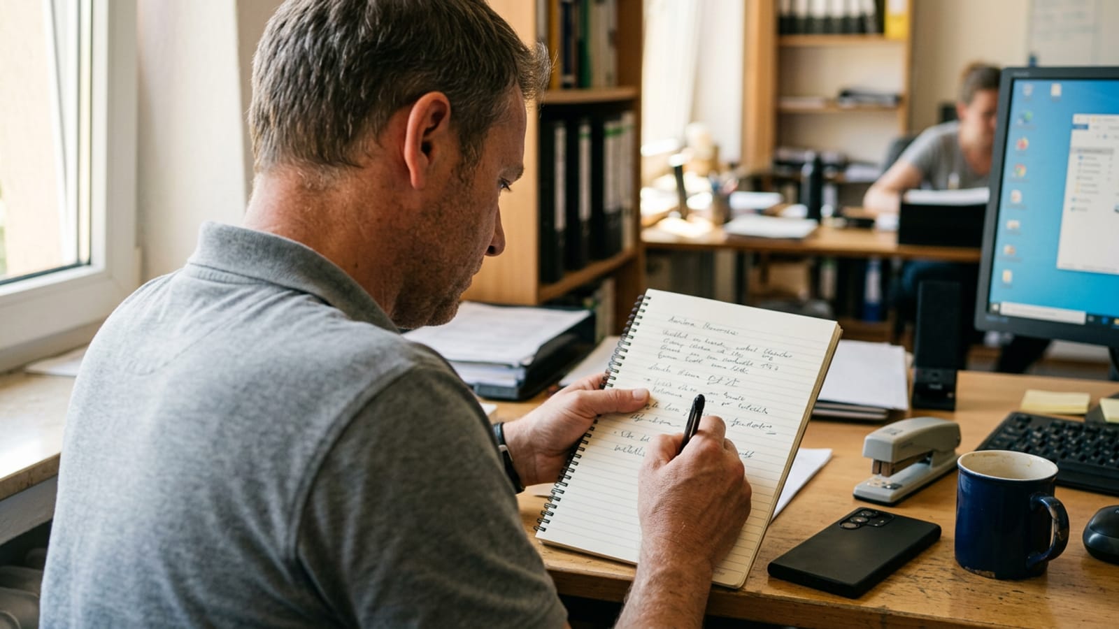 Mann notiert Firmendaten auf einem linierten Block an einem Büroschreibtisch