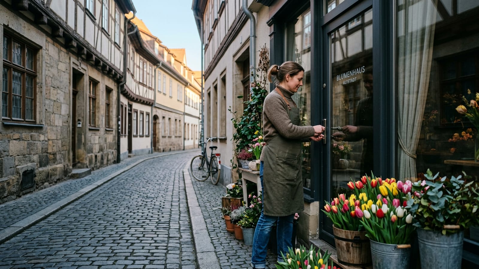 Floristin schließt morgens ihren Blumenladen auf, Tulpeneimer stehen schon auf dem Gehweg