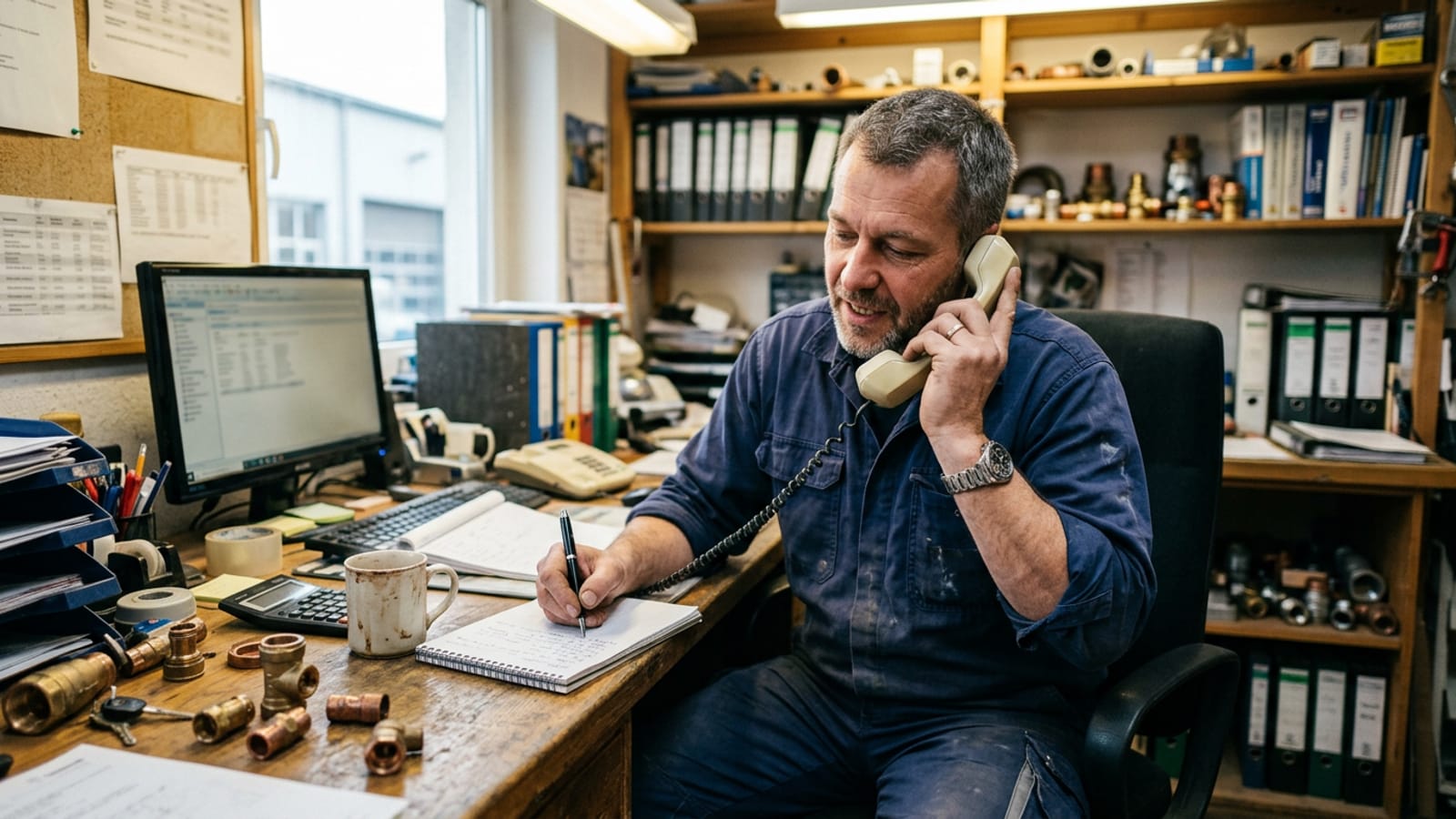 Installateur klemmt sich am Werkstattschreibtisch den Telefonhörer an die Schulter und schreibt mit