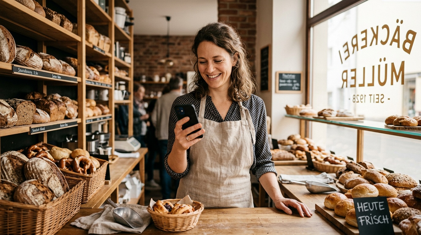 Bäckerin prüft ihr Google-Unternehmensprofil am Smartphone