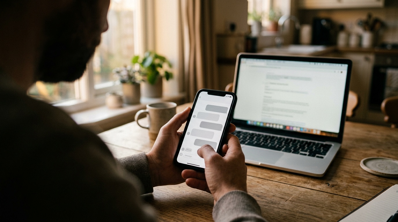 Mann fragt einen KI-Assistenten am Smartphone nach einem lokalen Betrieb
